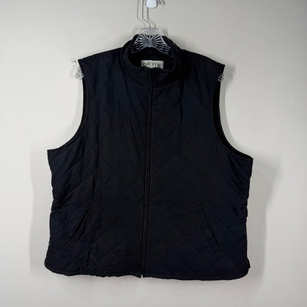 Orvis Womens XL Black Diamond Quilted Zip Up Vest Mock Neck Adjustable Side Tabs